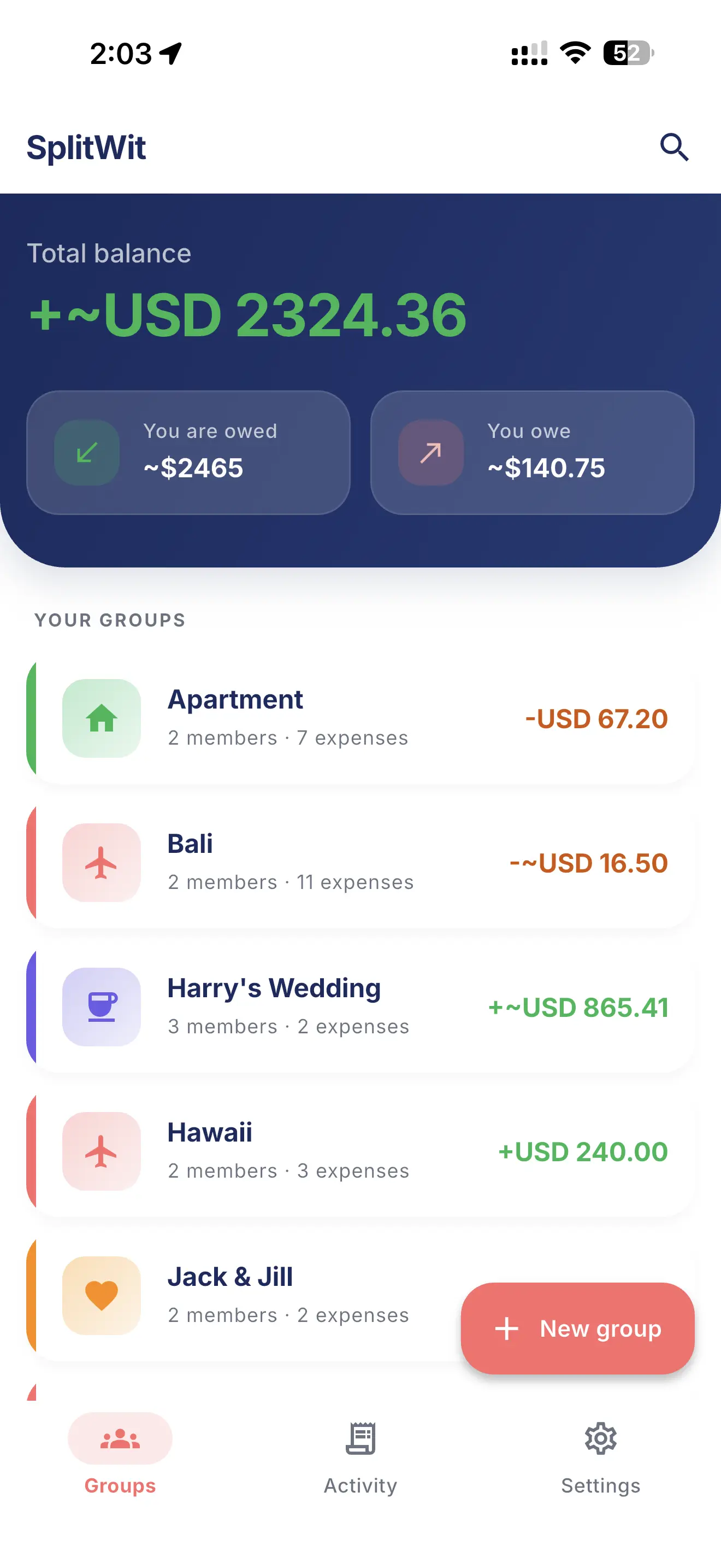 SplitWit app showing group expenses with Bali Trip, Hawaii and other shared groups